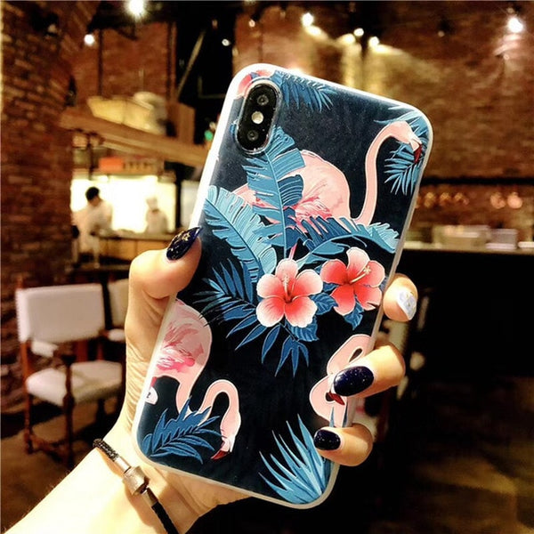 D Relief Flower Flamingo Leaf Soft Phone Cover For iPhone