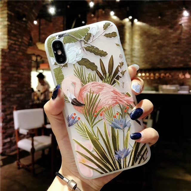 D Relief Flower Flamingo Leaf Soft Phone Cover For iPhone