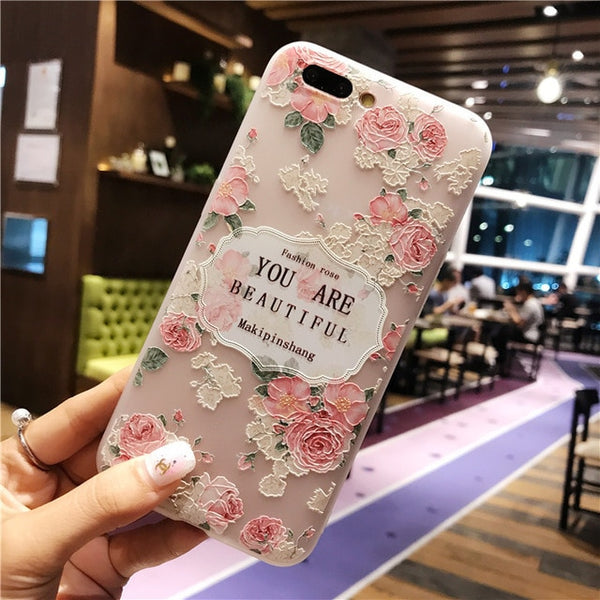 D Relief Flower Flamingo Leaf Soft Phone Cover For iPhone