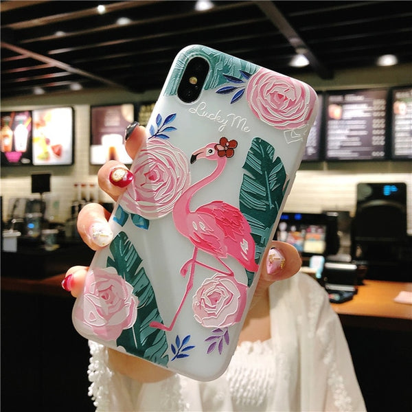 D Relief Flower Flamingo Leaf Soft Phone Cover For iPhone