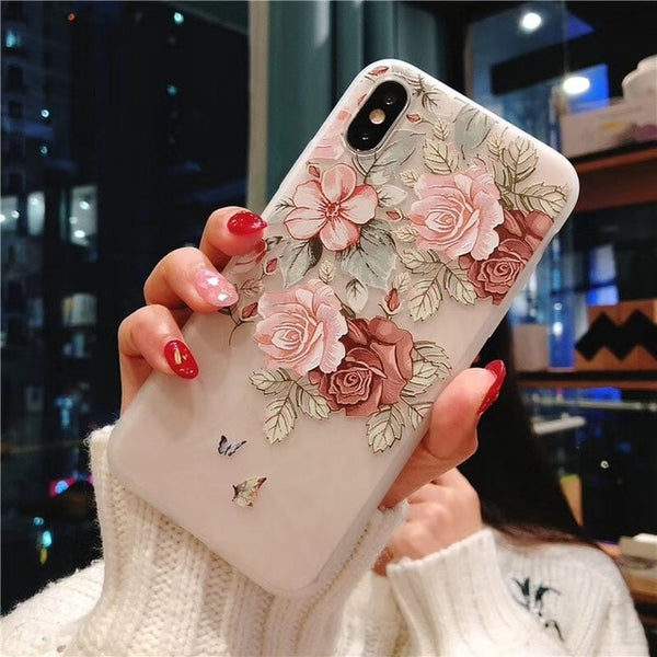 D Relief Flower Flamingo Leaf Soft Phone Cover For iPhone