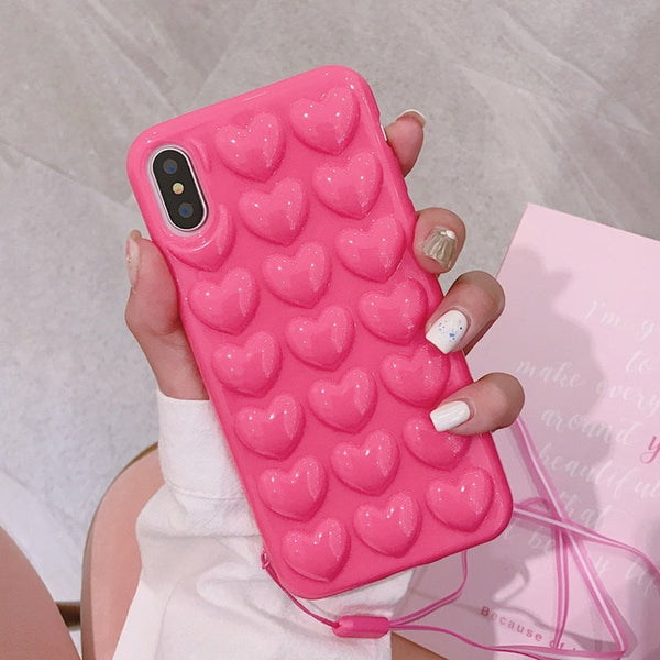 3D Love Heart Phone Case For iPhone Back Cover With Lanyard